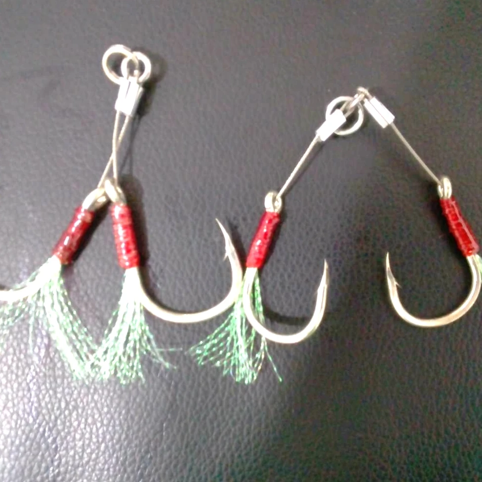 

Mustad hot selling Double Assist Barbed saltwater Shiny filaments Fishing Hooks, As picture