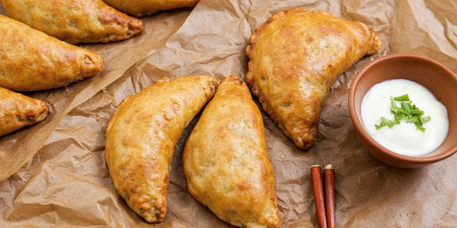 Close-up shot of a beef-filled empanada showing the rich meat filling