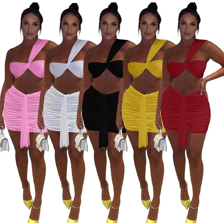 

2 piece pleated sexy trend mini skirts one shoulder sleeveless extreme micro short tube crop top skirt set