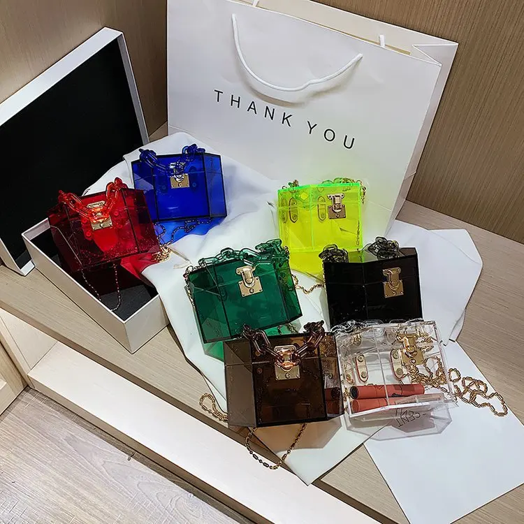 

wholesale 2021 hot sale clear square box designer acrylic handbags purses and ladies clutch purse Sets Matching Sunglasses, 7 colors