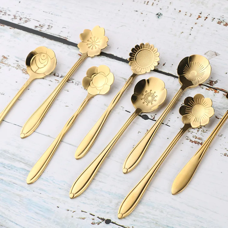 

High quality stainless gold plated cherry blossom design dessert tea coffee spoon