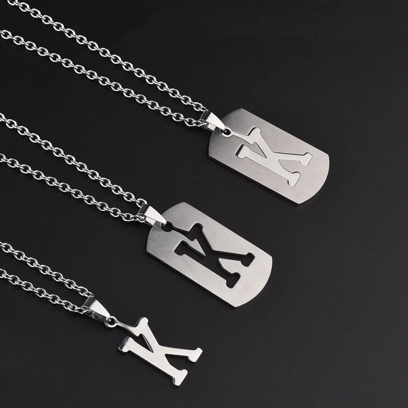 

26 Initial Letter Necklace Stainless Steel Alphabet 3 Ways To Wear Military Army Dog Men'S Pendant Link Chain Hip Hop Necklaces