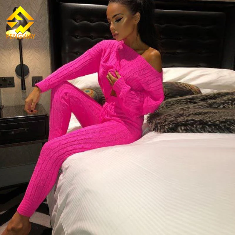 

2021 Winter Two Piece Set Women Latest Design Solid Knit Off Shoulder High Elastic 2 Piece Sweater Set For Lady Skinny Outfits, Picture color