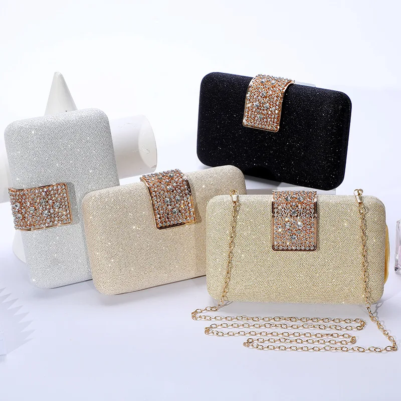 

Newest Wedding Party Solid Color Gold Chain Messenger Bag Sparkling Rhinestone Clutch Bag For Women