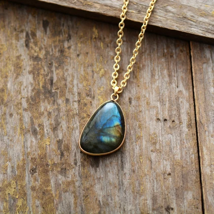 

Simple Design Gold Plated Natural Stone Labradorite Jewelry Big Viking Stone Pendant Necklace Irregular Shape Stone Jewelry Free Shipping, Mixed color