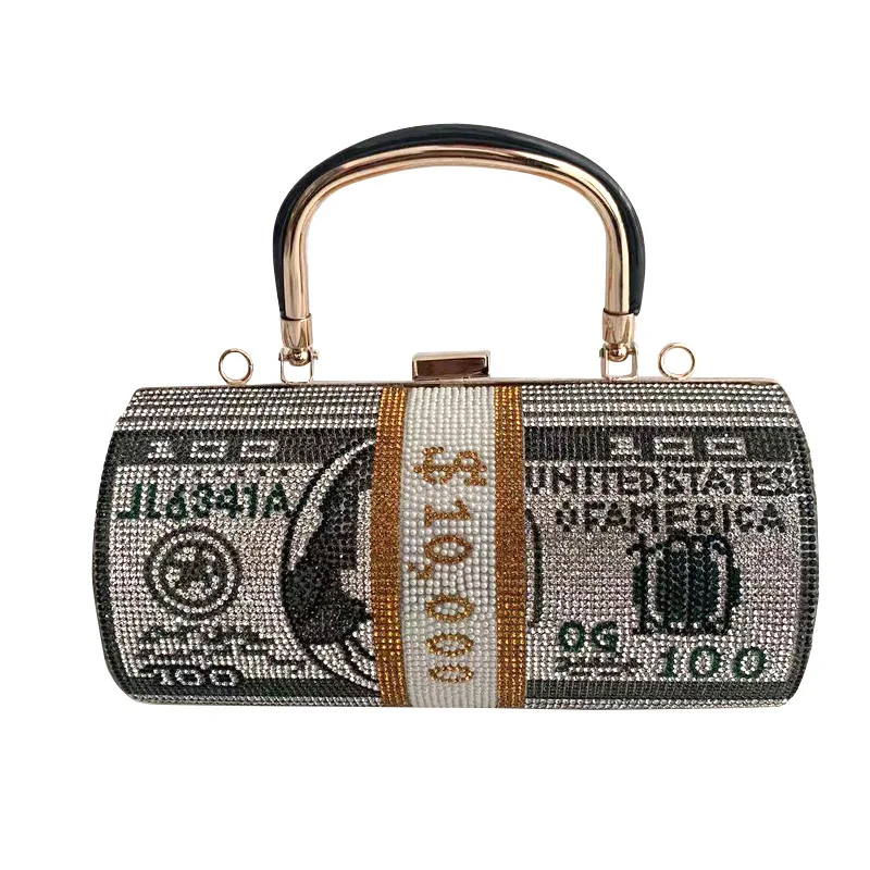 

Luxury $100 Roll Dollars Rhinestone Bling Money Bag Clutch Evening Bag Round Purse Crystals Bling Money Bag Shoulder Purse, Red/blue/golden/grey/pink/multicolor