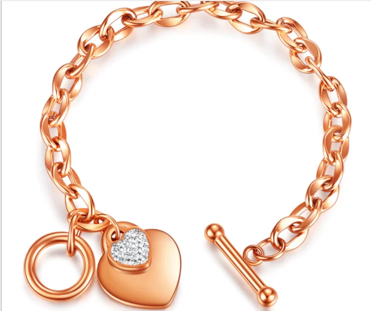 

bling crystal heart stainless steel link chain bracelets Toggle clasp CZ crystal heart bracelets best gifts for girlfriends