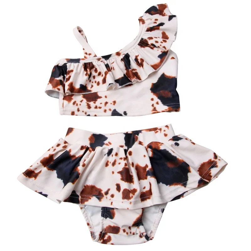 

Summer Kids Girl 2 Piece Ruffles Bathing Suits Bikini Baby Girl Swimsuit Cow Print Swimwear for Children Accept Custom, As picture