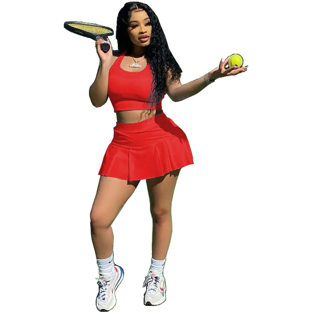 

summer girl bag hip skirt fashion tennis skirt solid color sports tennis skirt set
