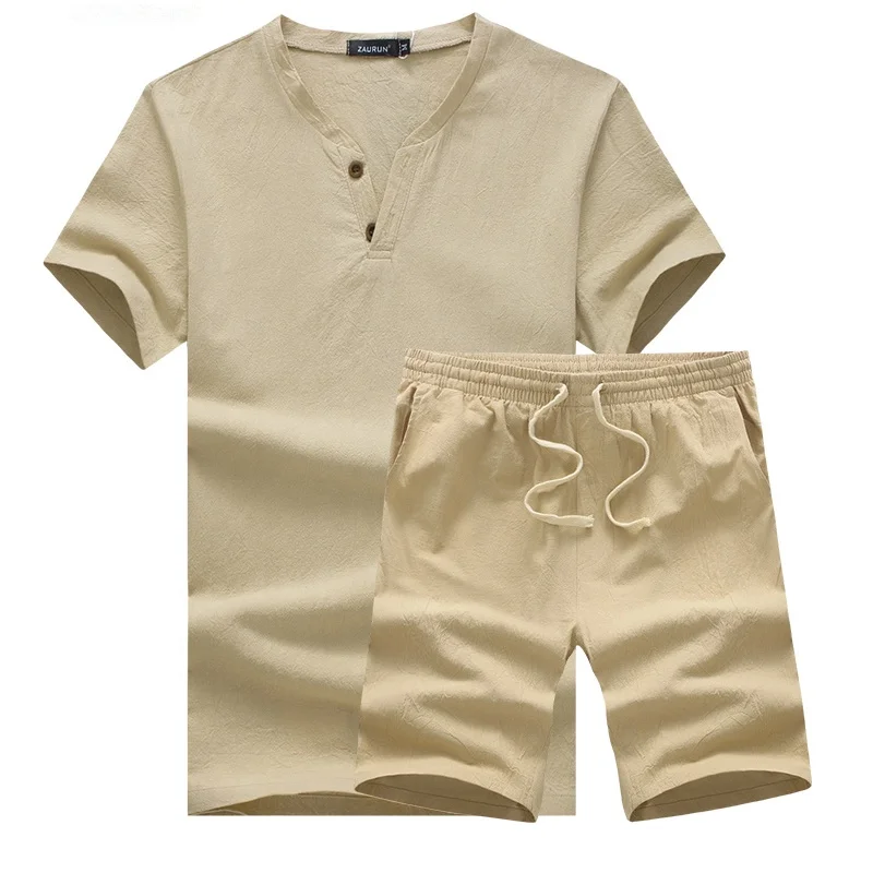 

Wholesale Blank Print Logo mens jogging tracksuit Hemp Cotton two piece short sets men