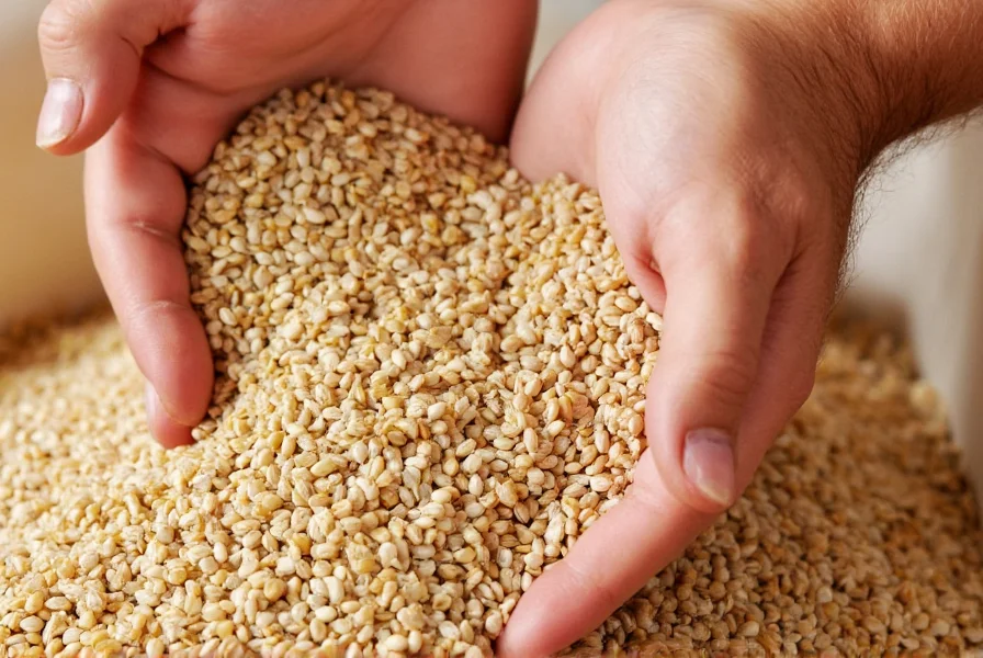 Hands winnowing dried coriander seeds to separate them from chaff