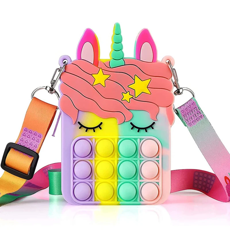 

New Style Sling Shoulder Bag Pop Kids Pink Plastic Unicorn Fashion Fidget Toys Wallet Pop Bag