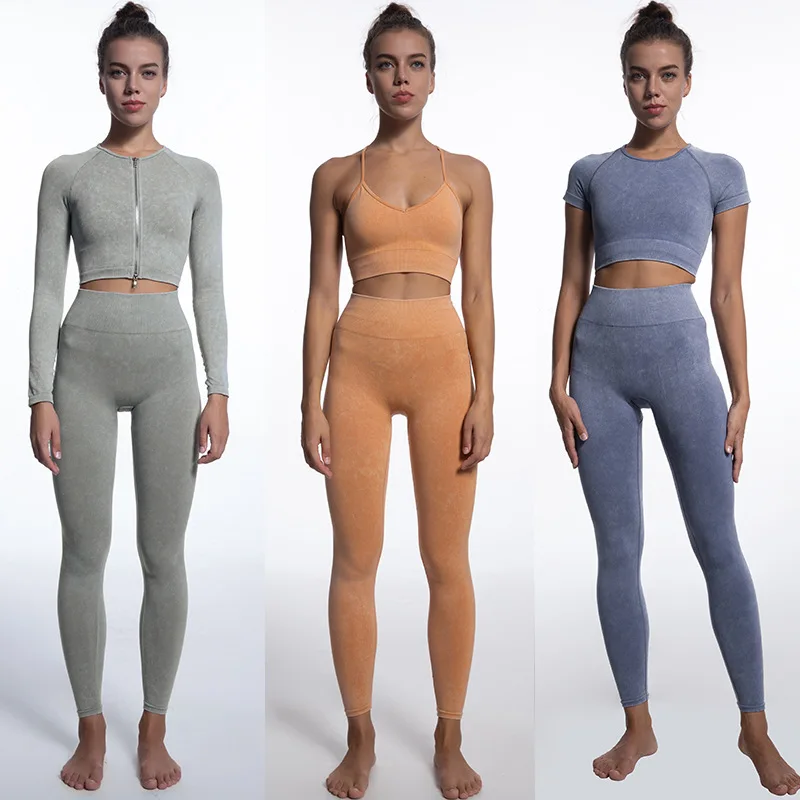 

2022 New Design Sand Washing Tracksuit Set High Waist Seamless Activewear Jogger Women 5 Piece Yoga Set, Customized colors