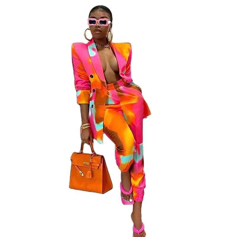 

J&H fashion tie dye blazer pants set 2 piece fall 2021 leopard print women clothes formal suits, 6 colors as picture