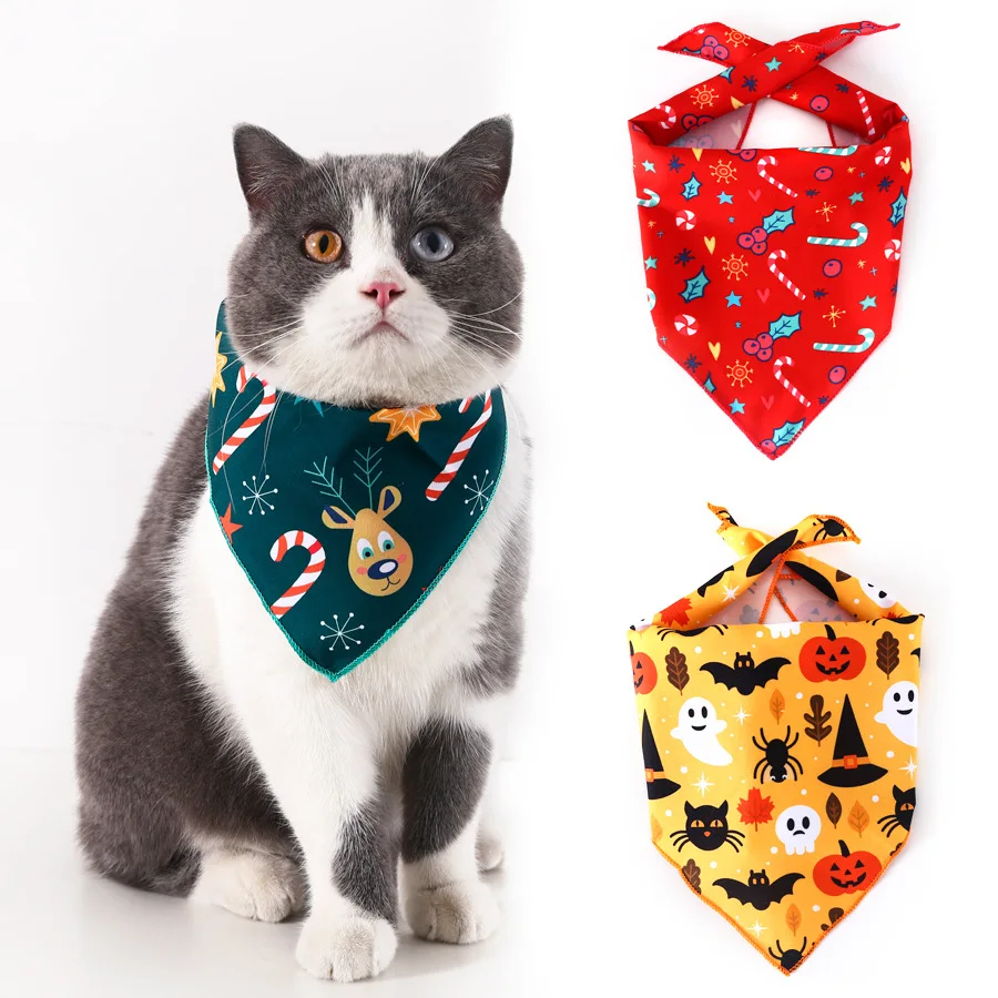 

Manufacturer wholesale christmas halloween pattern dog cat bandana, Red,green,yellow