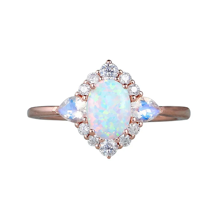 

New Rose Gold Plated Micro-Inlaid Colorful Oval Moonstone Opal Ring Classic Egg-Shaped Engagement Party Ring Wholesale