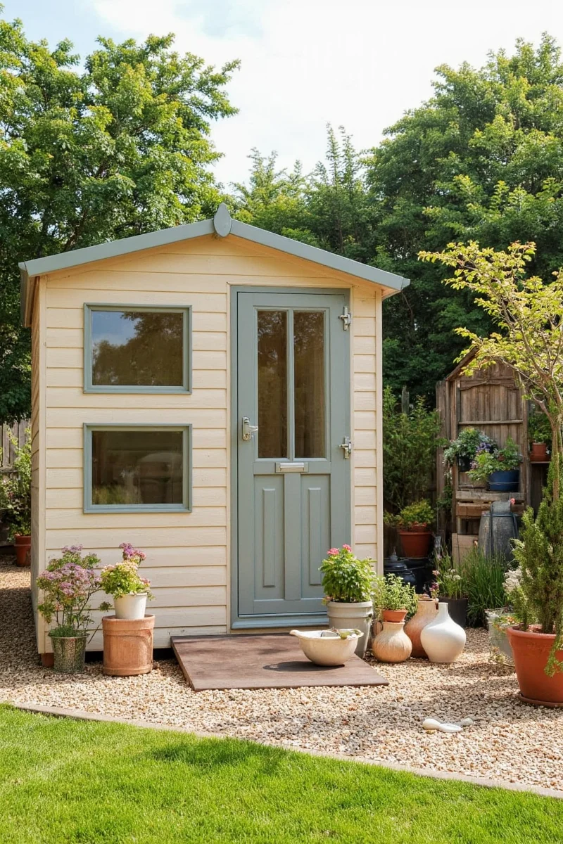 Decorated shed with bench and planters