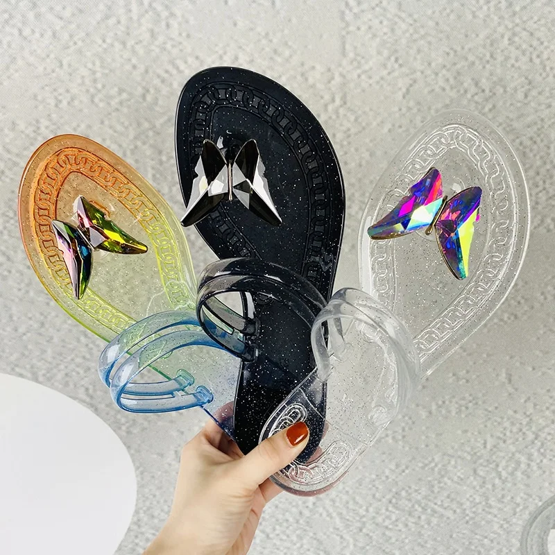 

2021 new arrival wholesale Jelly Slippers Women New Fashion Shoes Summer Butterfly Rhinestone Flip Flops, Picture