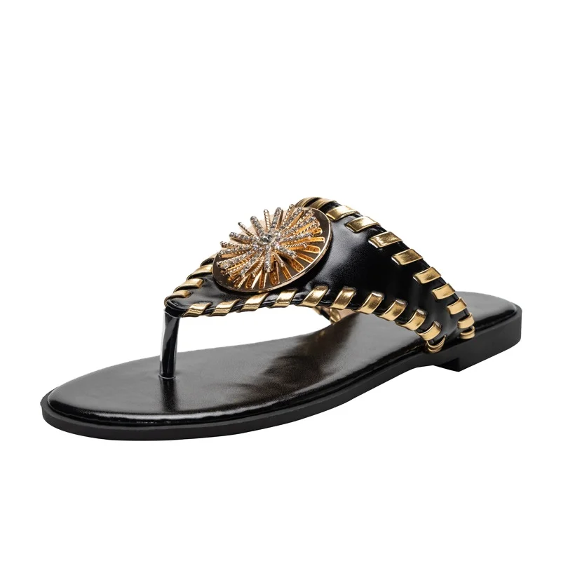 

2021 metal fashion flat beach shoes soft fancy flip flops dazzling women slippers, Customized color