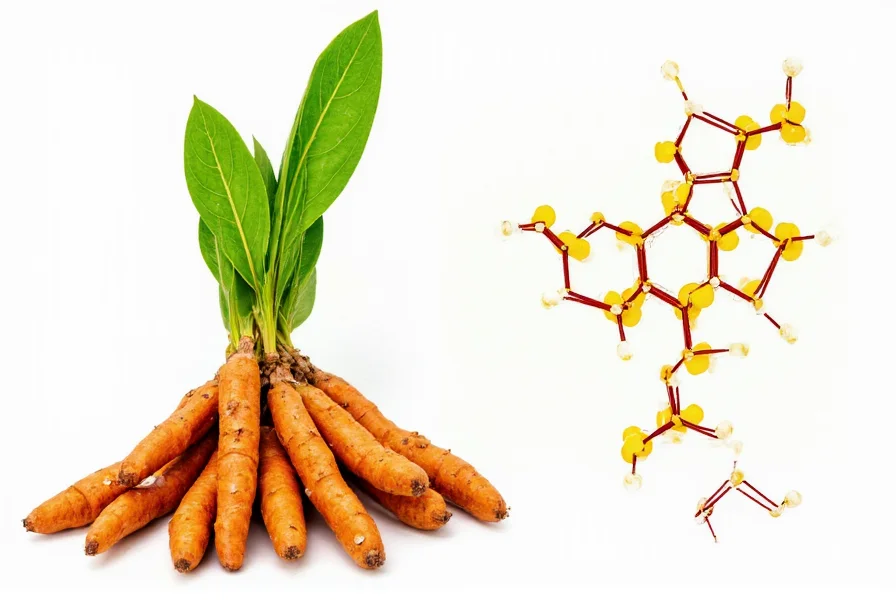 Turmeric plant with roots and scientific illustration of curcumin molecular structure