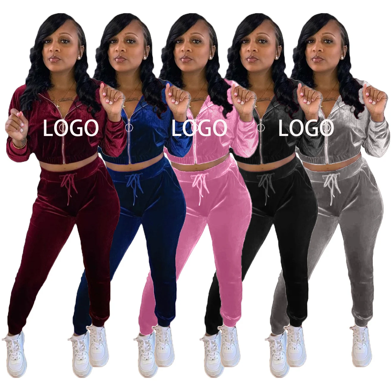 

Custom Logo Girls Velvet Zipper Hoodies Long Sleeve 2 Two Piece Pants Set Jogging Sweatsuit For Women Fall Clothing 2021, Picture