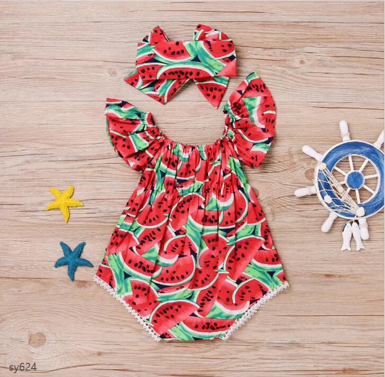 

Wholesale Fashion Birthday Baby Watermelon Outfits ,Melancia Romper ,Matching Bow, As picture