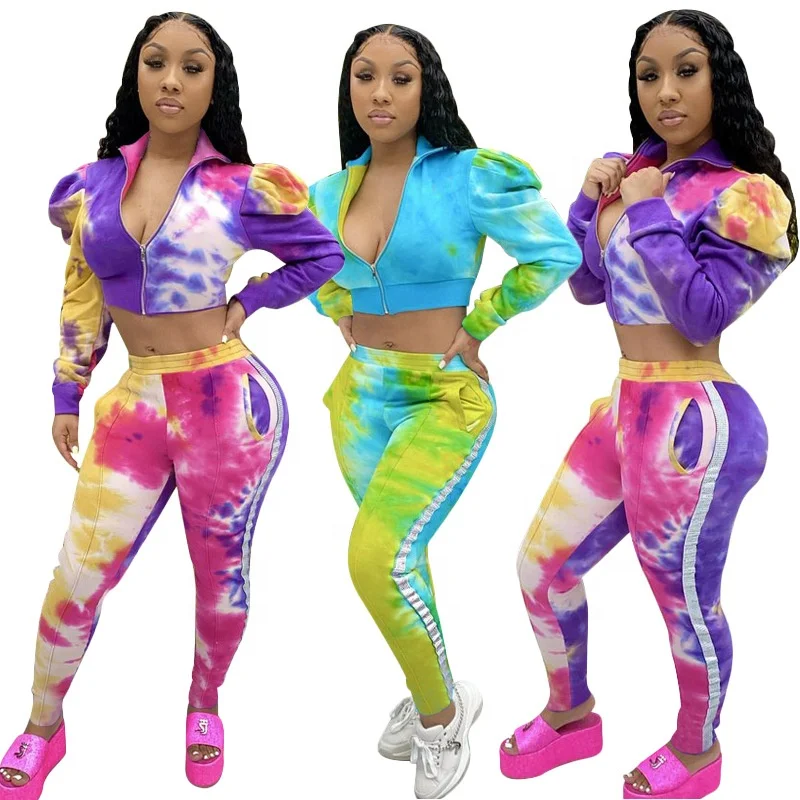 

LL9646 New arrival tie dye two piece set latest outfit high waist tight fitting with zipper two piece sets trendy