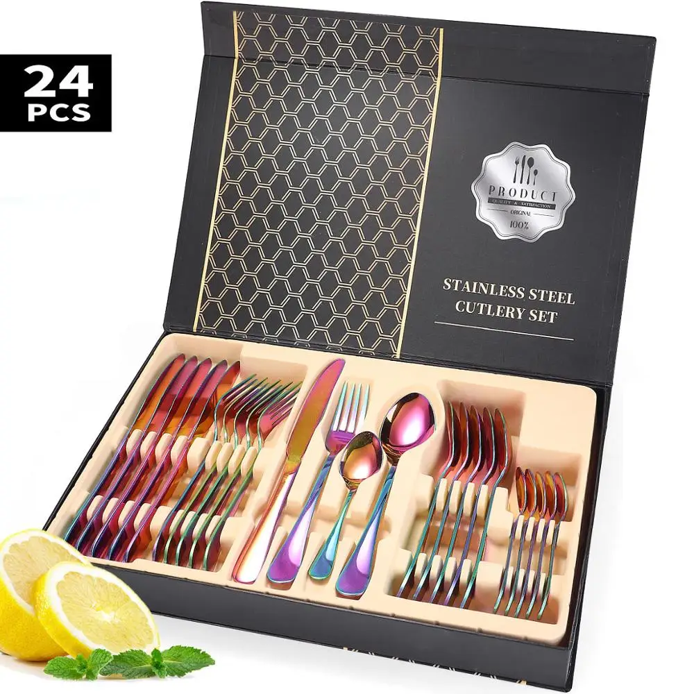 

Luxury Style Steak Knife Fork Teaspoon 24pcs Gold Black Rainbow Silverware Stainless Steel Flatware, Silver,gold,rainbow,rosegold,black