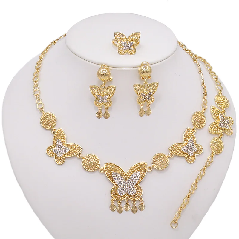 

Hot sale gold frosted Dubai electroplating 18K gold suit wholesale ladies daily gathering diamond butterfly wispy material envir