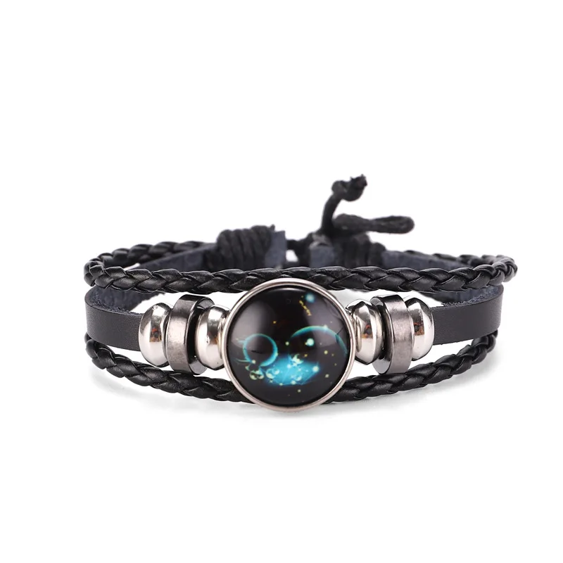 

G1847 Luminous Horoscope Braided Leather Rope Bracelet Jewelry Glow In The Dark Astrology 12 Zodiac Sign Bracelets
