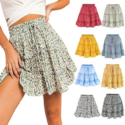 

High Waist Womens Summer Cute Pleated Skirt Floral Print Boho A Line Leopard Skater Mini Skirts With Drawstring Ruffle, Picture color