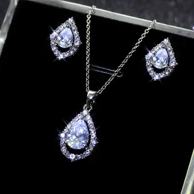 

Wedding Jewelry Set Sparkling Crystal Geometric Oval Engagement Jewelry Set Zircon CZ Water Drop Necklace Earring Set For Bride