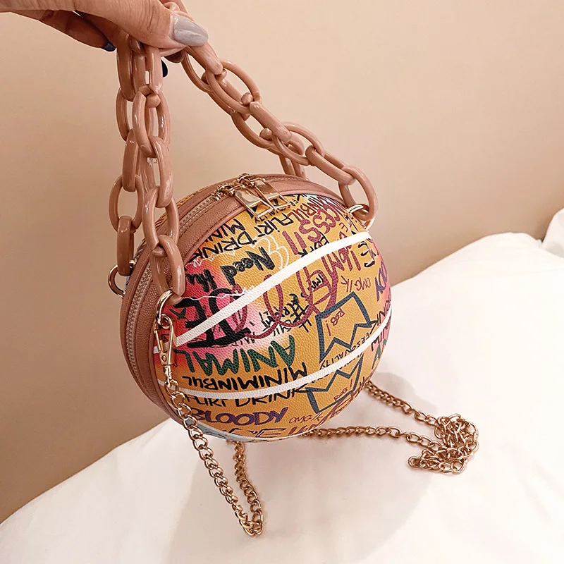 

Popular Letter basketball handbags for women Chain Handbags basketball women purse fashion graffiti purse, Black,white,red,golden,pink,green