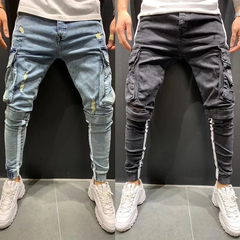 

Fashion Cargo Pocket Denim Ripped Skinny Jeans Pants Men Jeans