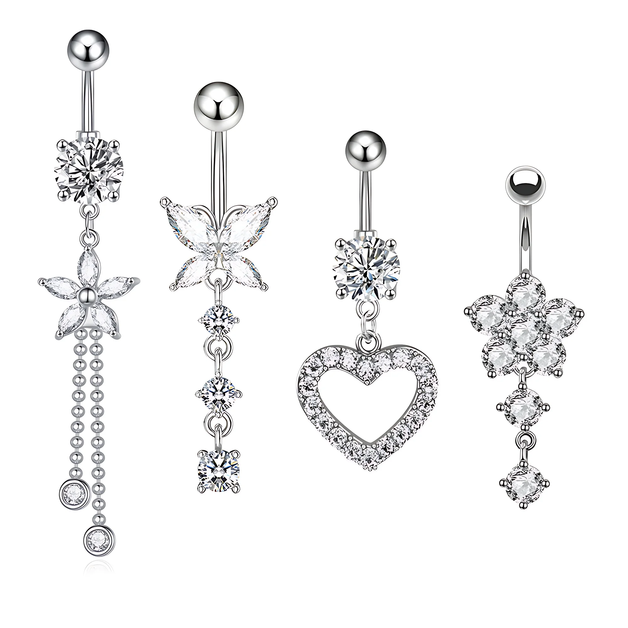 New Style 4pcs/set Gold Plated Stainless Steel Belly Button Navel Rings Heart-Shaped Butterfly Five-Pointed Star Chain for Gift