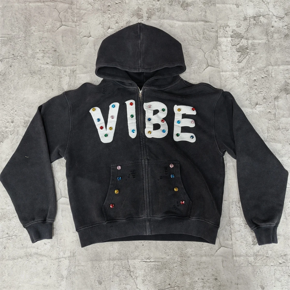 OEM New Fashion Vintage Acid Wash 500GSM Cotton Hoodie Puff Printing Letter Custom Rhinestone Zip up Hoodie for Men