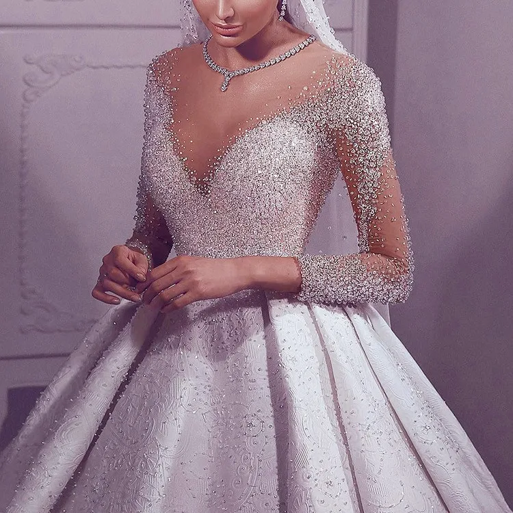 

Gorgeous Beaded Luxury Long Train long sleeve ball gown Wedding Dress Bridal Gown Crystal Dress Wedding