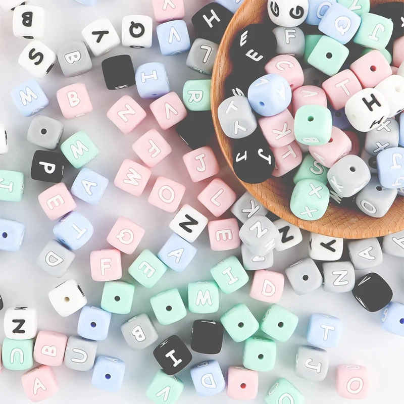 

2022 Cube 12mm Silicone Alphabet Letter Beads Food Grade Baby Chewable Teether Loose Silicone Beads, Black, green, blue, pink, white
