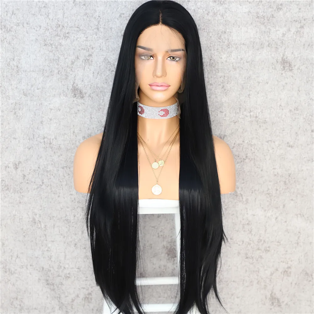 

BeautyTown Wholesale Long Natural Silky Straight Black Color 1B Cosplay Celebrity Girl Wedding Party Synthetic Lace Front Wigs