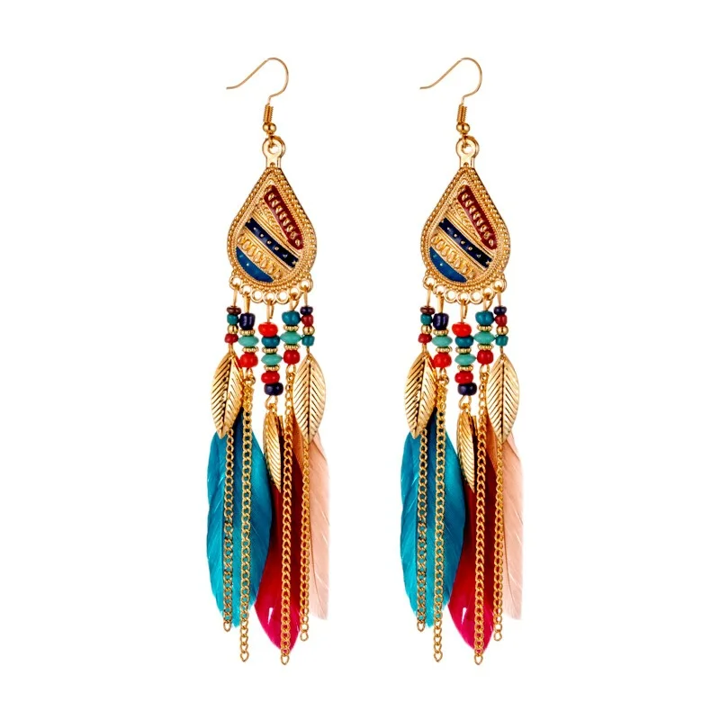 

Bohemian style feather tassel women earrings long metal chain beads beautiful girl earrings holiday earrings for women