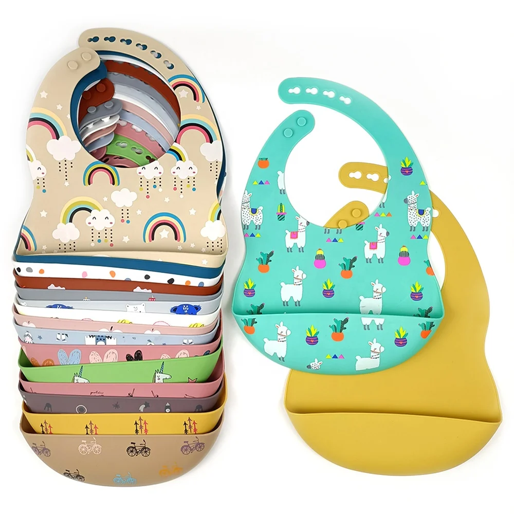 

Waterproof Soft Baby Feeding Silicone Bibs BPA Free Printed Silicone Baby Bibs For Kids