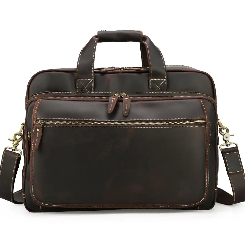 

Luxury Vintage Large Brown Genuine Crazy Horse Leather Men Briefcase Office Messenger Bags 17'' Laptop Portfolio, Customized color