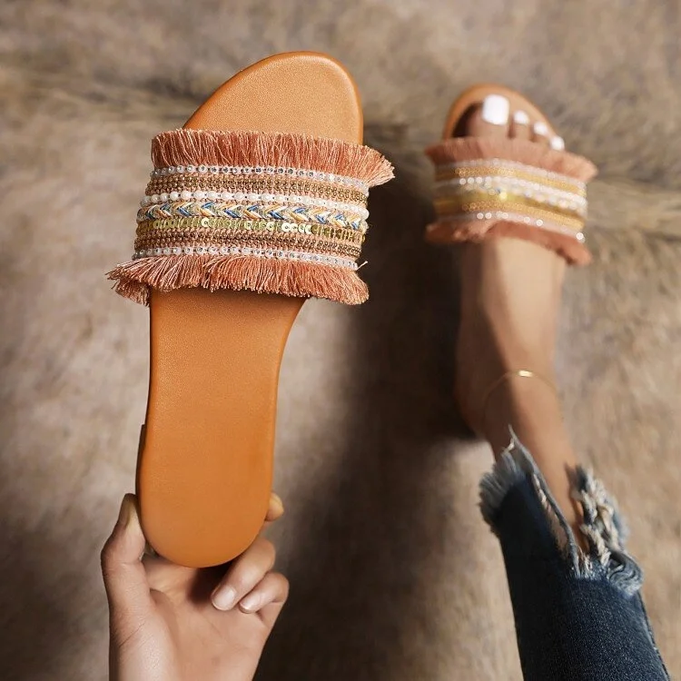 

Western Embroider Women Slides Slippers Shoes Flat Open Round Toe Fashion Simple Outdoor Women Slippers Slides Shoes, Orange apricot