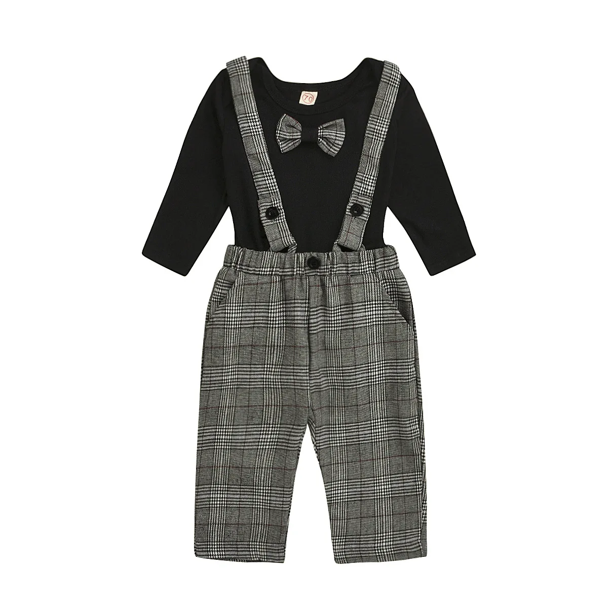 

baby boy knitted pure cotton Romper + woven checked Pants Set