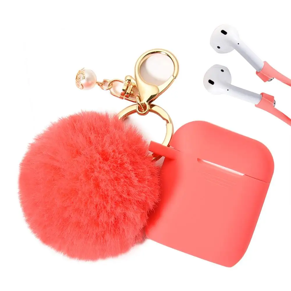 

VILO Cute Pompom Pearl Keychain Fuzzy Ball Silicon Case Cover for Apple Airpod 2&1 Charging Case Accessories, Various colors for you choose