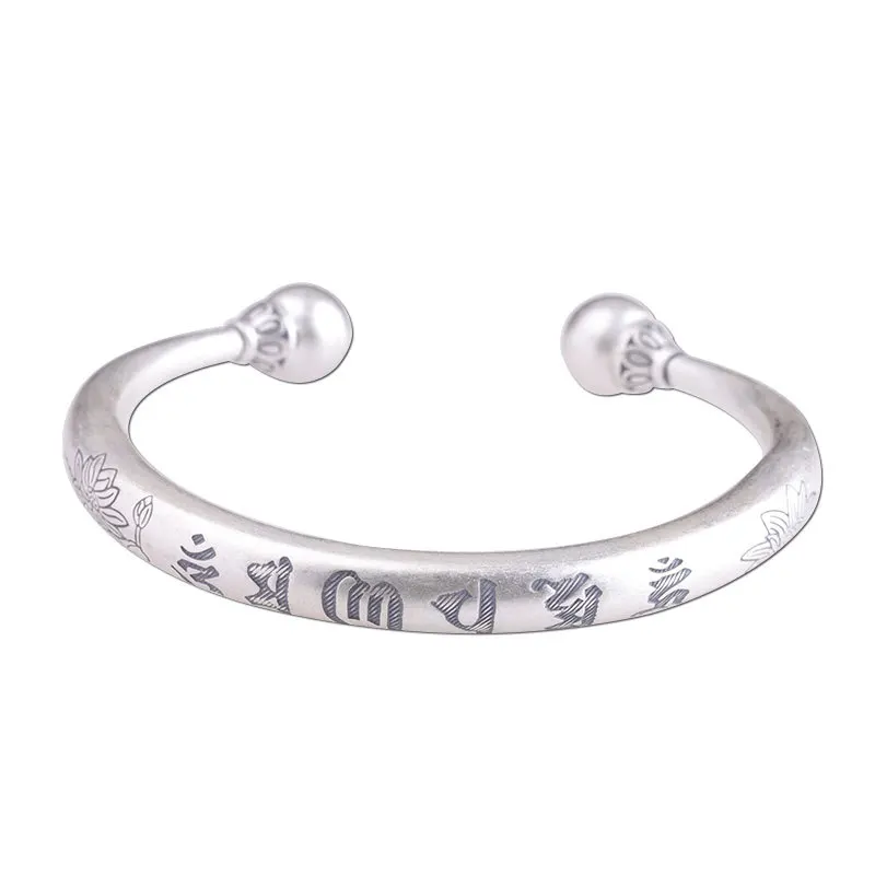 

999 Sterling Silver Mantra Bangles For Women Matte Process Open Type Lotus Engraved Silver Bracelets Bangles