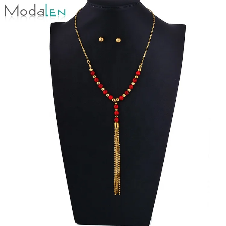 

Modalen Wholesale Africa Beaded Tassel Jewelry Stainless Steel Necklace Woman Jewellery Set, Gold