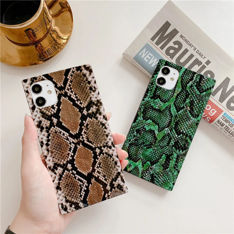 

Fashion Python Snake Skin Square Phone Case For iPhone 11 12 Pro Max XS Max XR X 7 8 Plus Soft TPU Shockproof Cover Shell