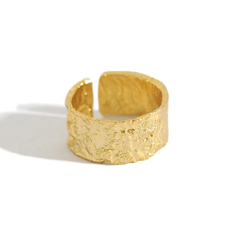 

NewSR18 jewelry 925 silver wide uneven gold leaf wedding band rings