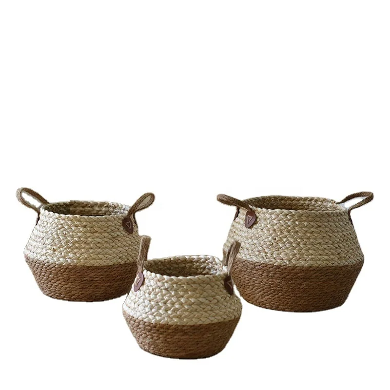 

Wholesale plant crafts decoration straw balcony hanging flower pot woven basket container, Natural color